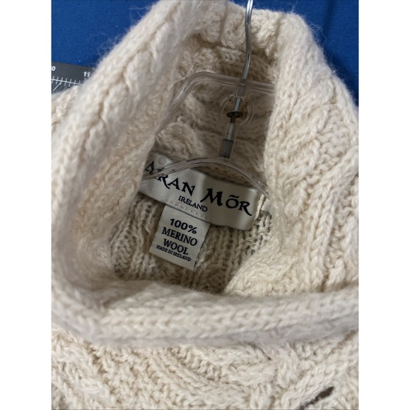 Aran Mor Cable Knit Sweater Size S Cream Merino Wool Cardigan Shawl/Button Neck - Picture 3 of 10